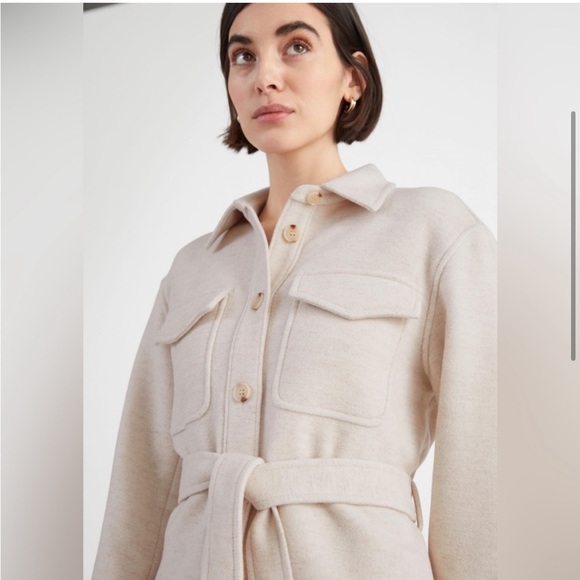 & Other Stories wool blend overshirt jacket Shacket tie waist in oatmeal - Picture 6 of 9